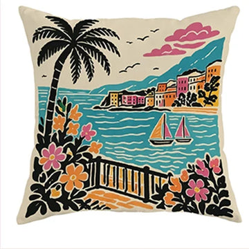 taies d'oreiller moderne paysage marin palmiers motifs colorés non toxiques polyester beige bleu rose