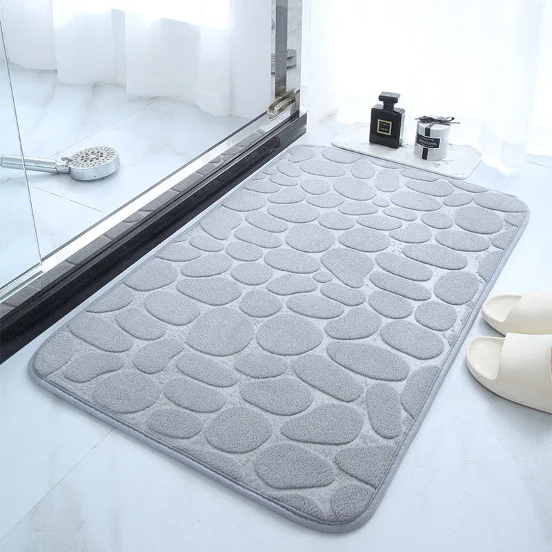 tapis bain mousse mémoire forme absorption eau antidérapant galets relief moderne beige gris