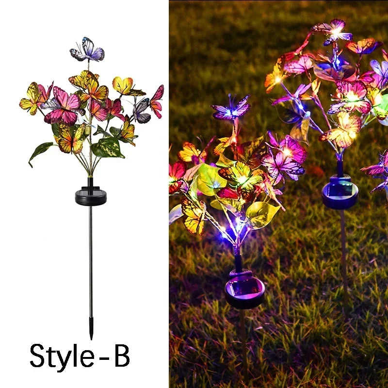 lumière solaire bouquet papillons colorés feuilles vertes moderne violet orange jaune
