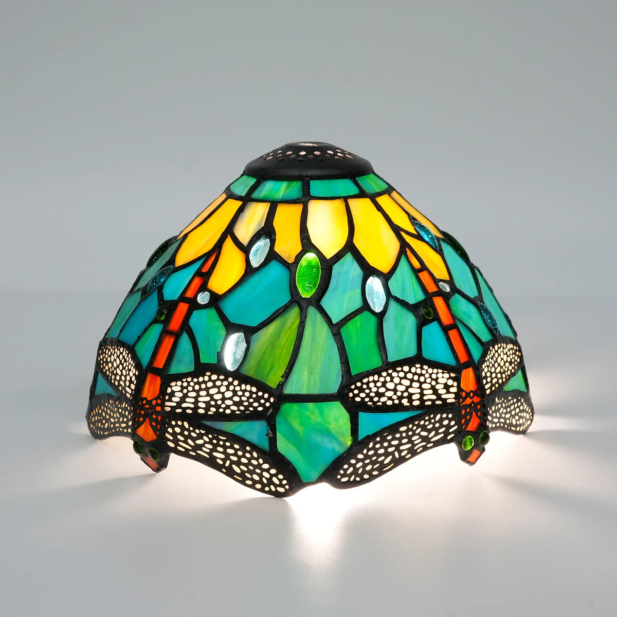 lampe tiffany abat jour verre bleu vert jaune mosaïque art nouveau libellule opacité 13cm