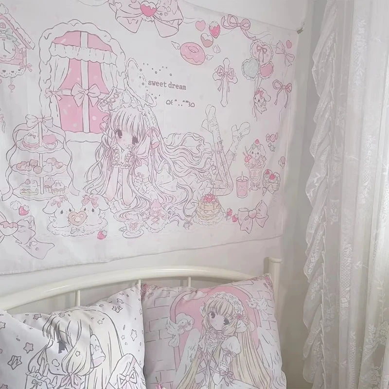 tapisserie murale kawaii personnages féminins dessins animés sweet dream rose blanc chambre salon decoration