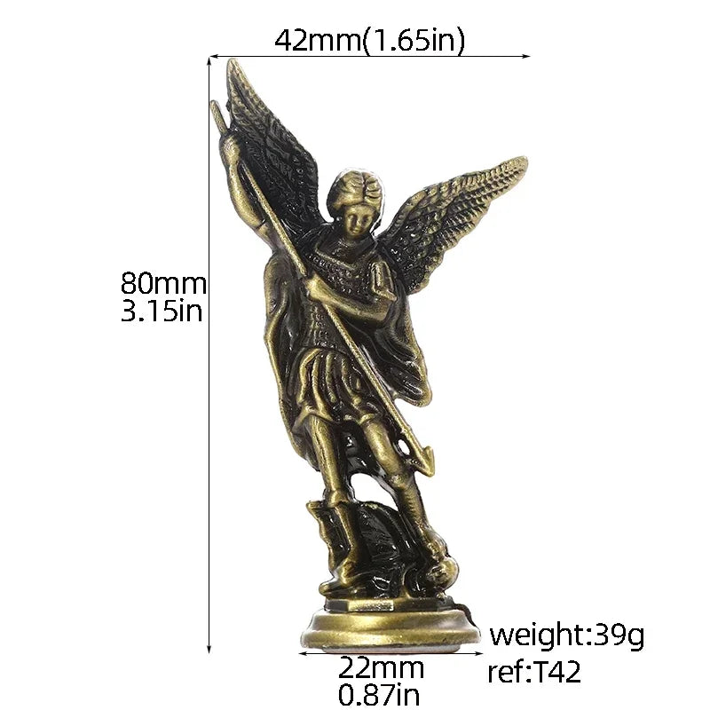 statuette ange saint michael croix détails sculpturaux doré bronze argenté cuivré classique religieux maison
