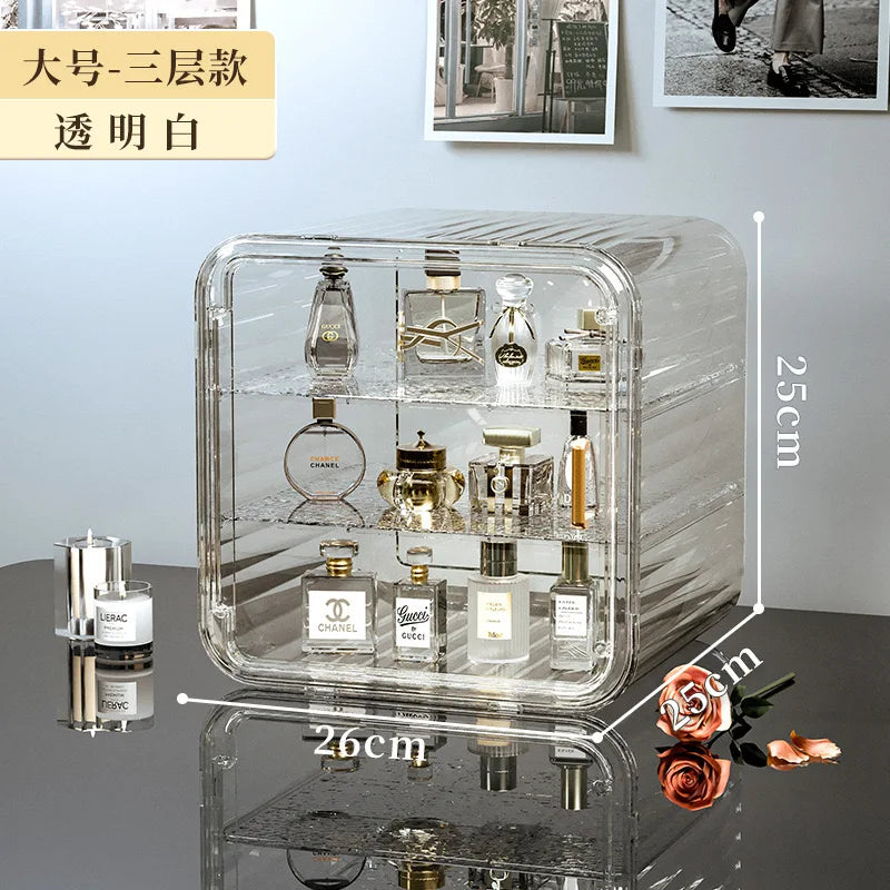 boîte rangement transparente moderne rayures horizontales cosmétiques maquillage parfums imperméable multifonctionnelle