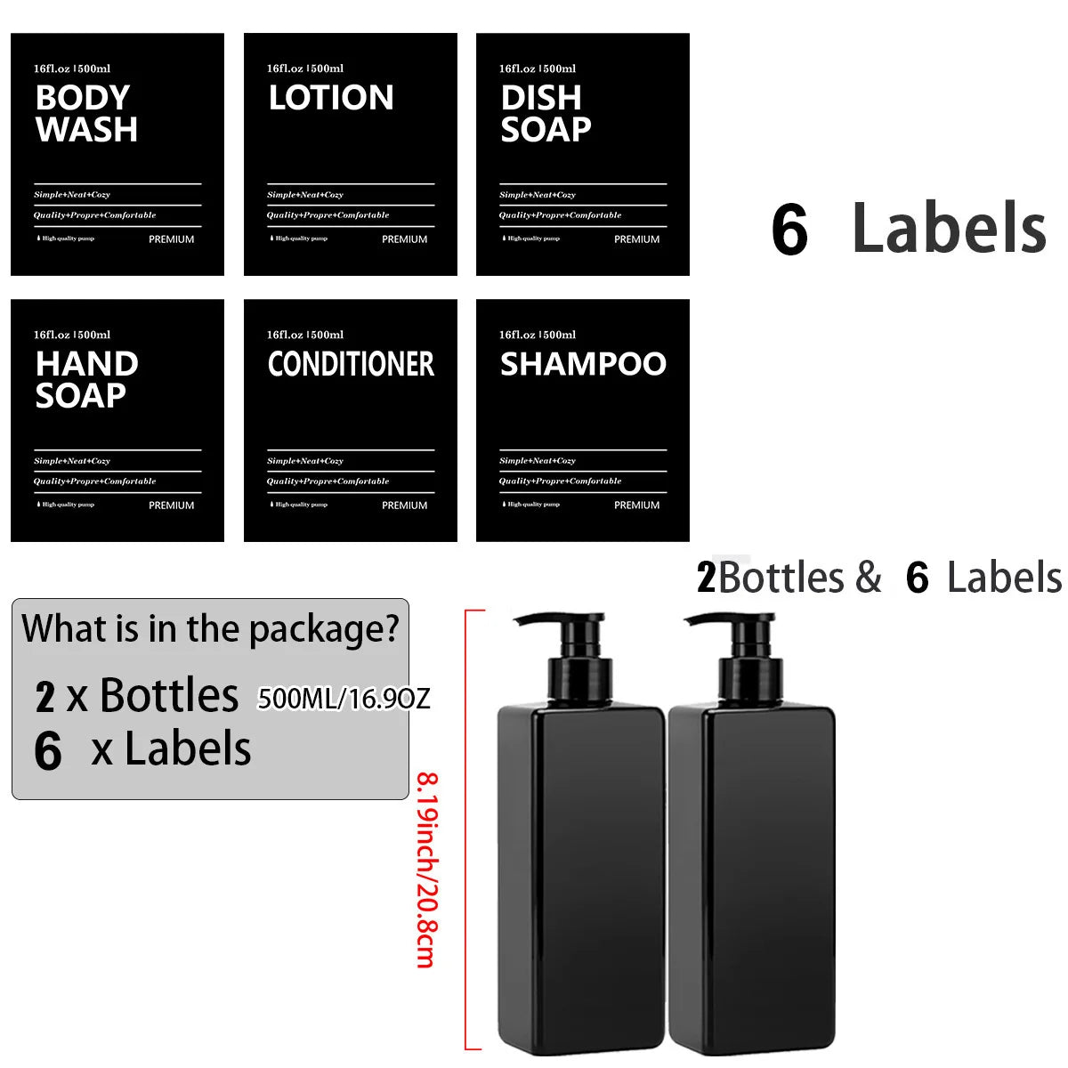 lot flacons distributeur savon liquide noir mat étiquettes salle bain