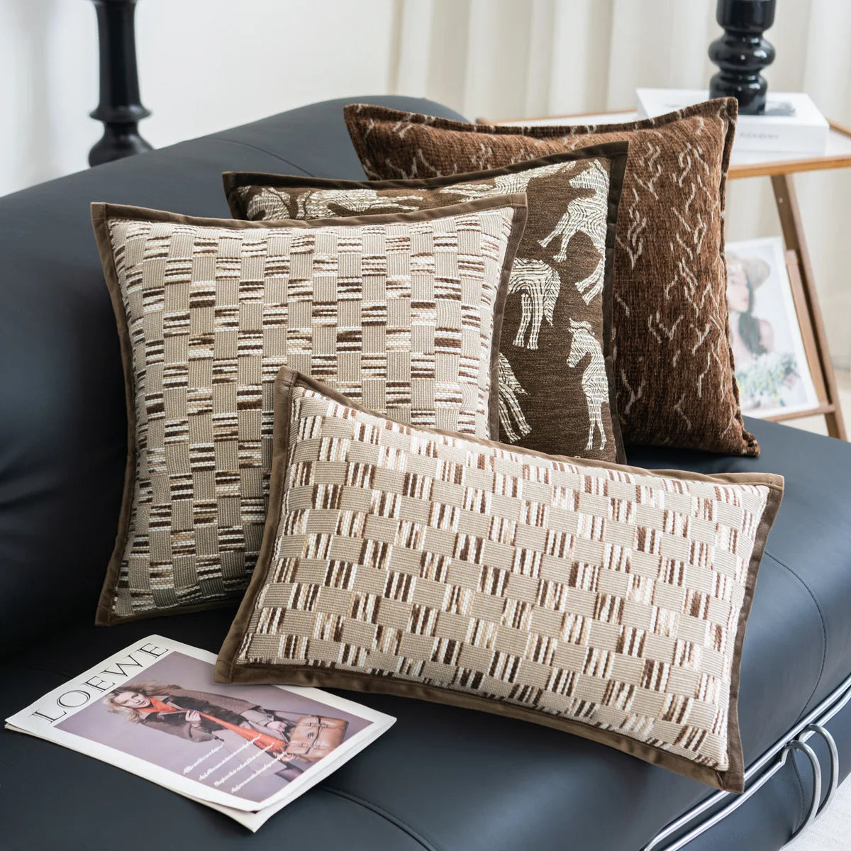 housse coussin polyester géométrique beige marron nordique contemporain adhésif tassel decoration intérieur voiture
