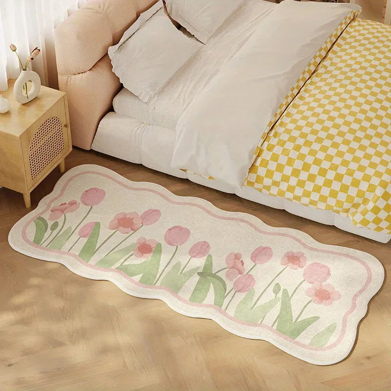 tapis moderne fleurs tulipes blanc rose vert bleu orange décoratif polyester antidérapant lavable