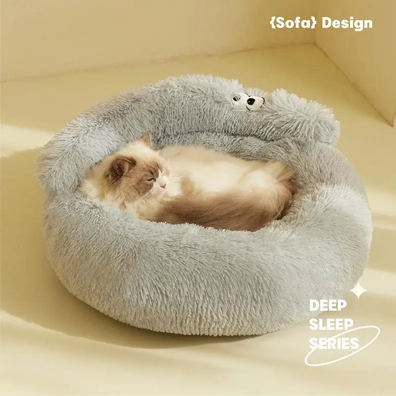 coussin peluche rond doux chat chien lit animal confortable beige gris vert