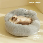 coussin peluche rond doux chat chien lit animal confortable beige gris vert