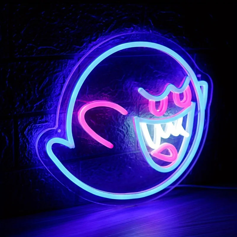 lampe néon led bleu rose fantôme souriant chargeur usb portable chambre décoration festive documents
