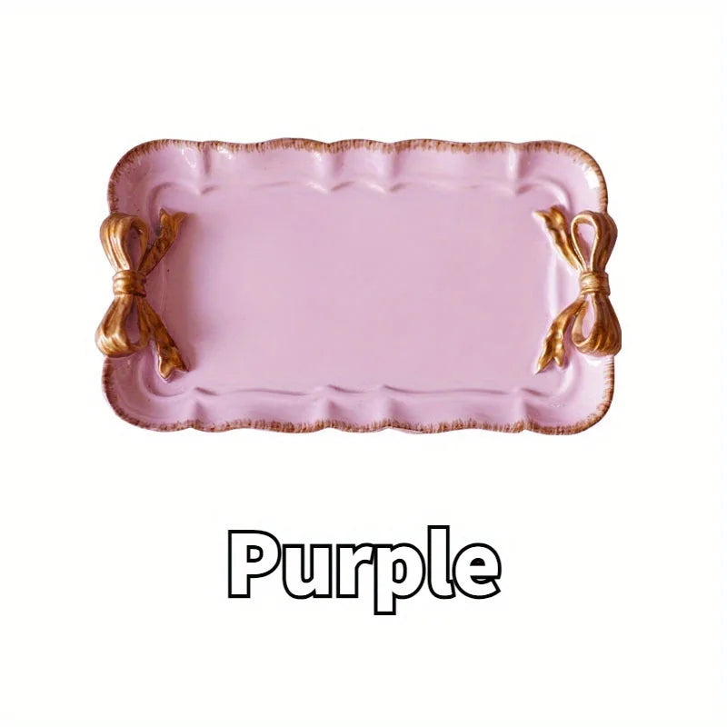 plateau rectangulaire élégant blanc rose pastel bordure dorée motif noeud