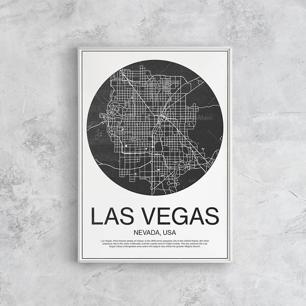 Cette affiche minimaliste en noir et blanc montre une carte de la ville de Las Vegas, Nevada, aux États-Unis. Elle met en évidence le réseau routier de la ville dans un style épuré.