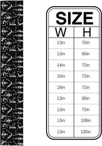 Tableau des dimensions d'un produit avec diverses tailles affichées pour la largeur et la hauteur.