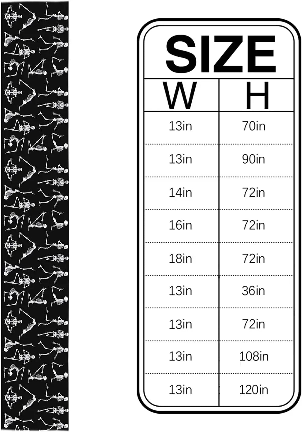 Tableau des dimensions d'un produit avec diverses tailles affichées pour la largeur et la hauteur.