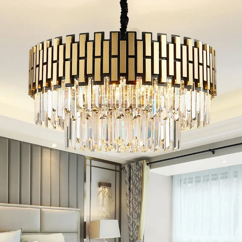 lustre moderne doré noir cristaux géométriques salon chambre led dimmable echangement cable