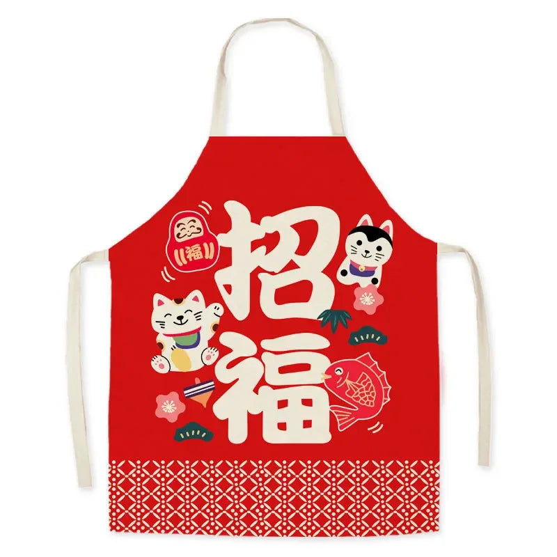 tablier cuisine lin motif chat porte bonheur poches élastiques ajustables