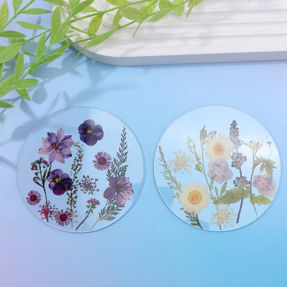coasters acrylique transparent moderne fleurs séchées différentes couleurs blanc rouge violet bleu