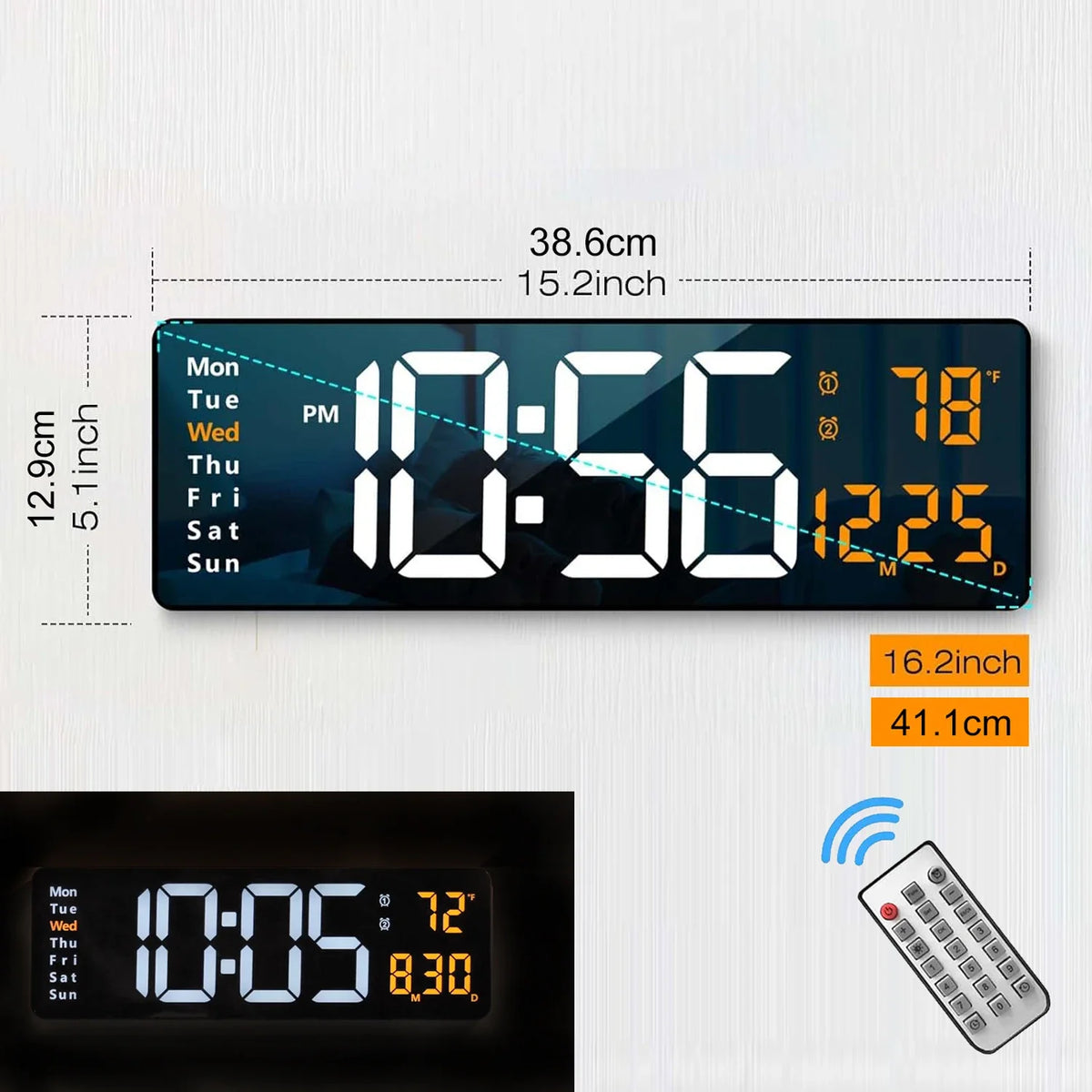 grande horloge murale digitale couleurs rvg télécommande alarme lumineuse moderne