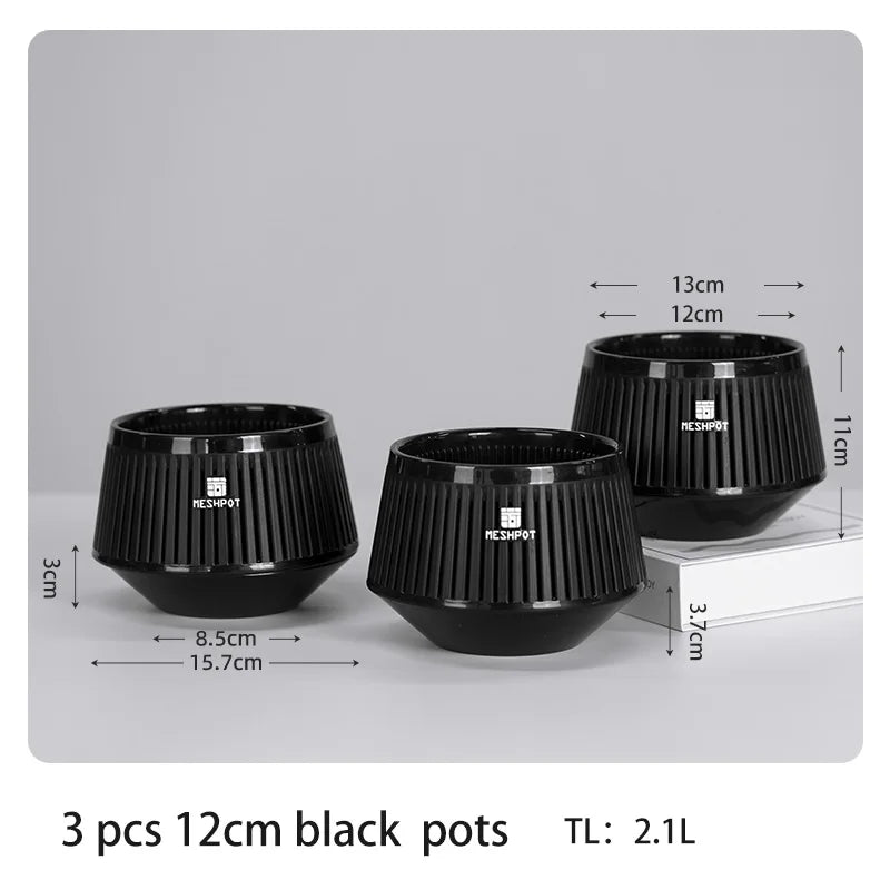 Pot bonsaï moderne saucer noir rayures verticales drainage 12cm 21cm