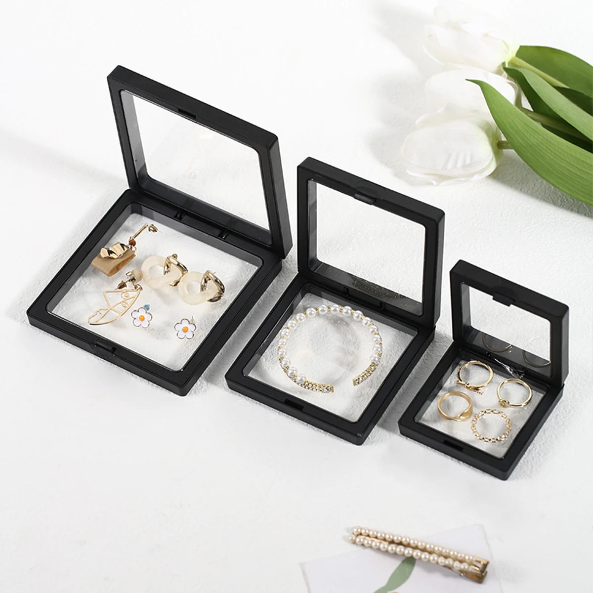 boîtes bijoux transparentes noires blanches modernes 11cm 9cm 7cm 10pièces