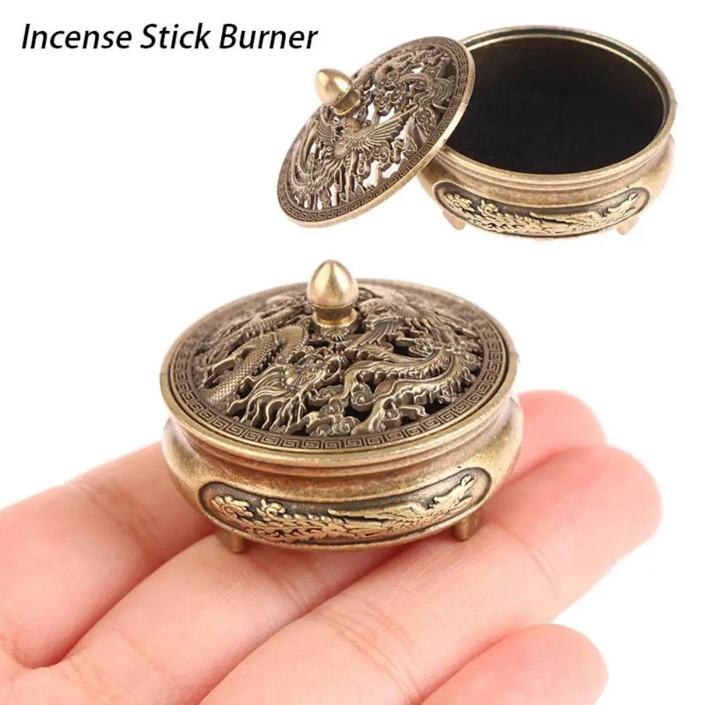 brûleur encens bronze doré motifs dragon phénix floraux couvercle ajouré trois pieds poignée noire