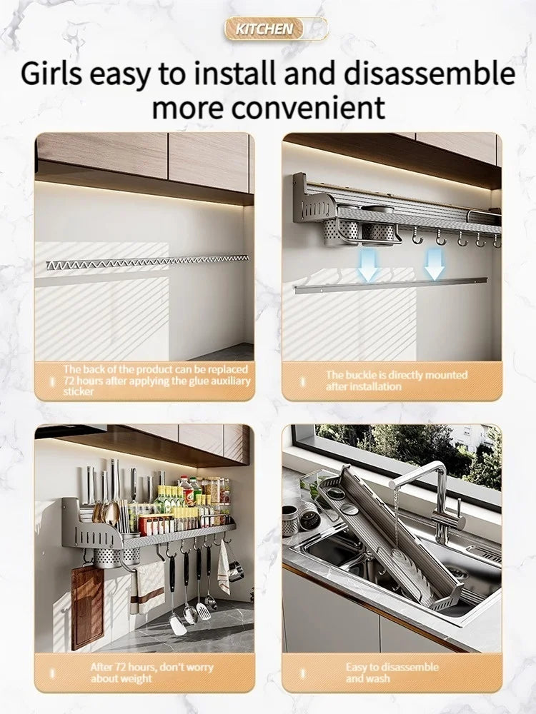 étagère cuisine multifonctionnelle argentée adhésive moderne couteaux cuillères bouteilles serviettes