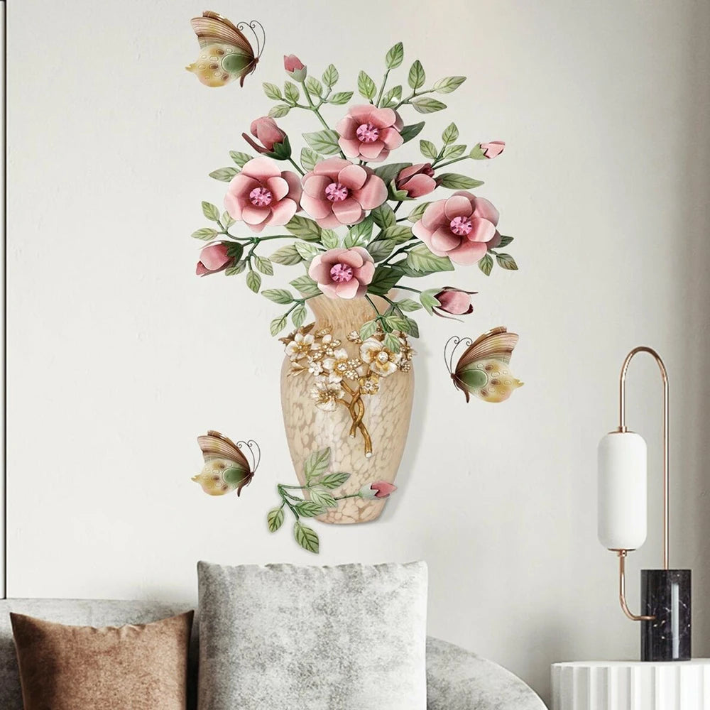 sticker mural bouquet fleurs papillons vintage romantique beige rose vert opaque chambre salon