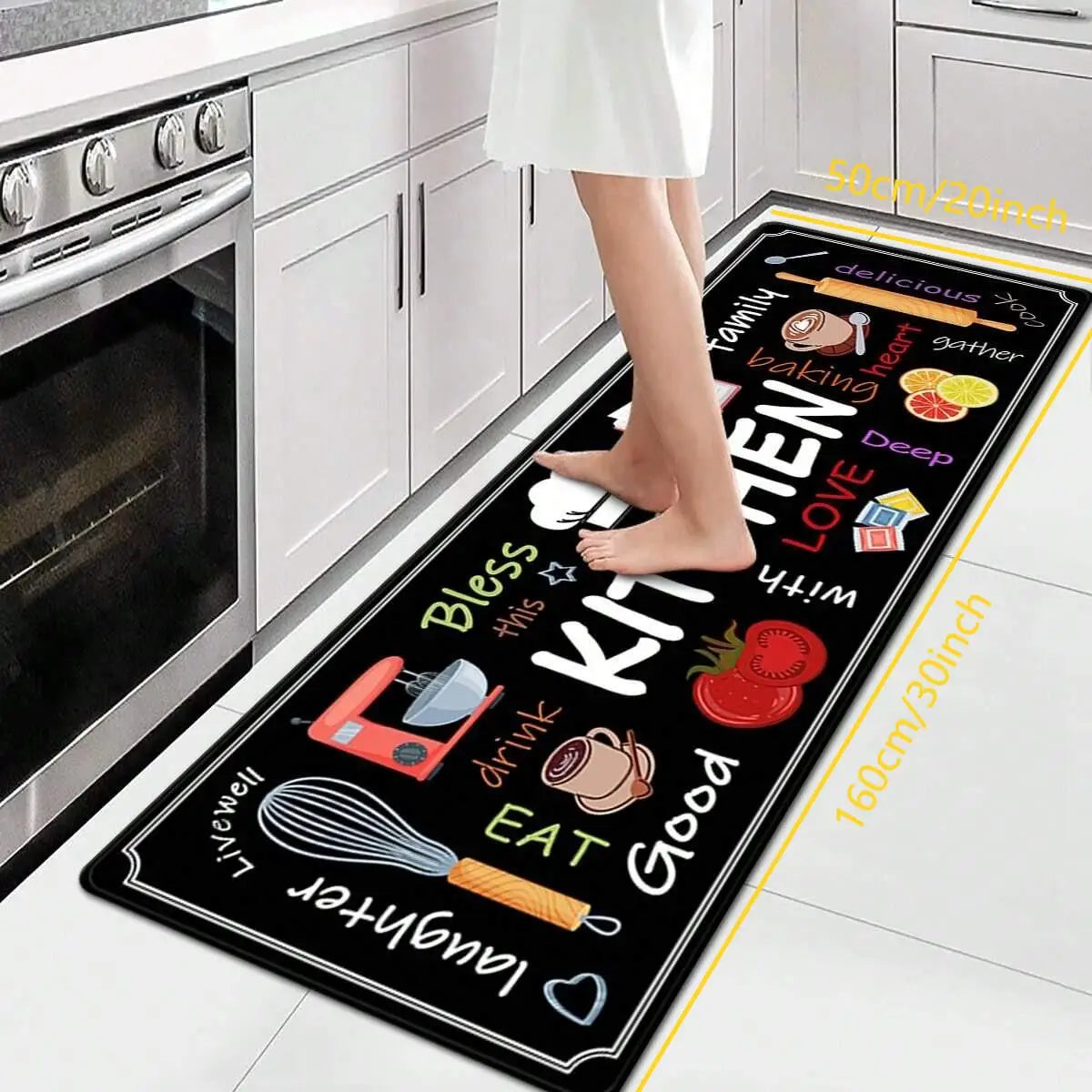 tapis cuisine imprimé moderne motifs kitchen noir blanc polyvinyle polyester durable