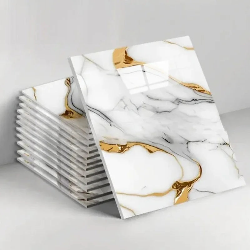 carreaux sol muraux adhésifs imitation marbre blanc gris veines dorées modernes