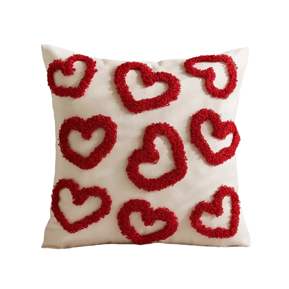 taies d'oreiller coeurs relief blancs lit polyester coton brodés opaques décoration romantique fixations coussins