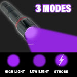 lampe torche uv rechargeable 395nm noir texturé modernes modes lumineux haut bas clignotant