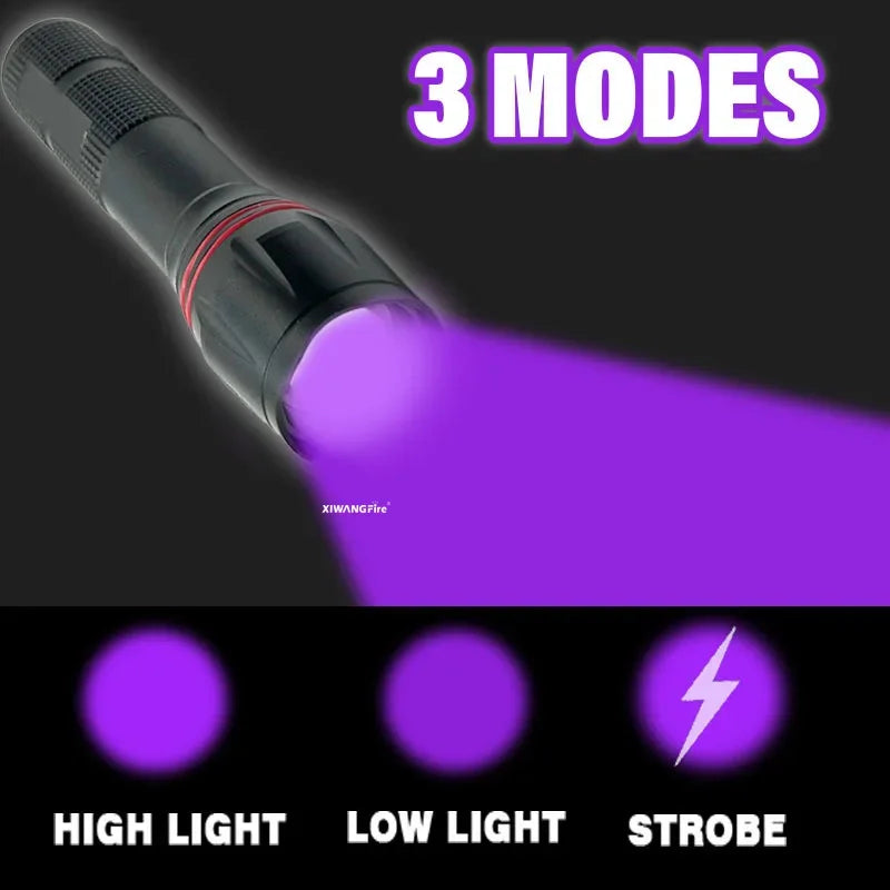 lampe torche uv rechargeable 395nm noir texturé modernes modes lumineux haut bas clignotant