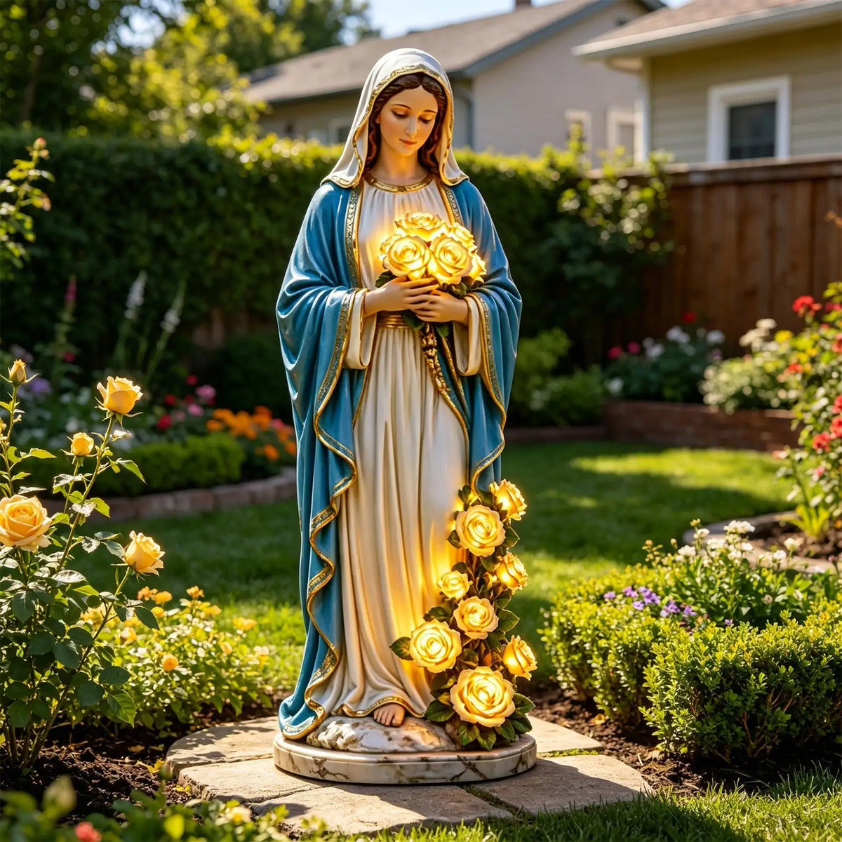 statue religieuse bleu blanc doré robe ornée roses classique extérieur jardin patio