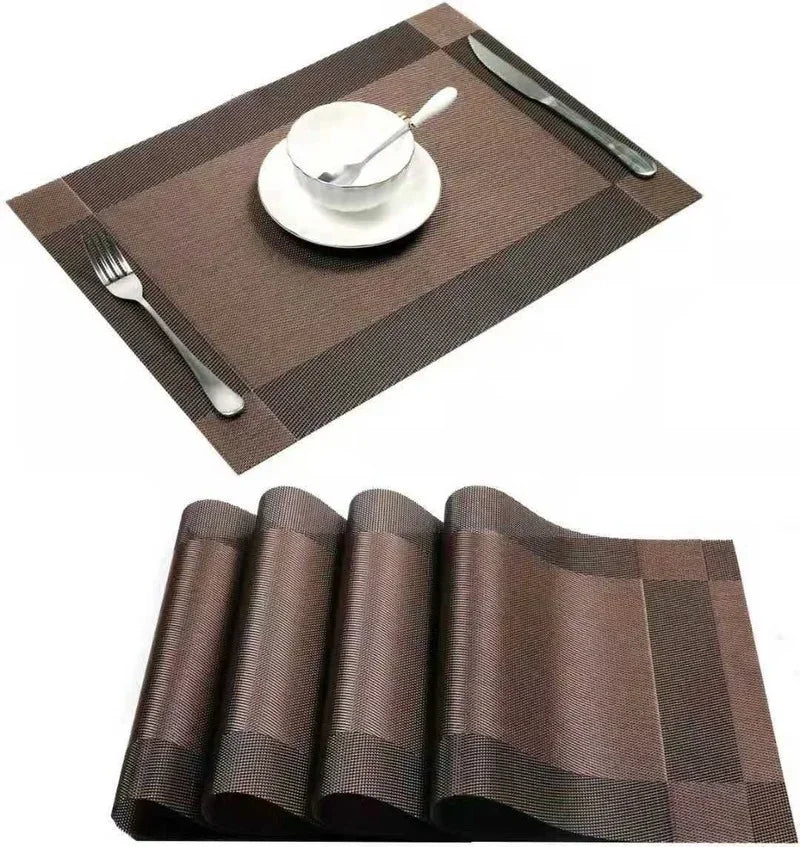 tapis table moderne rayures horizontales beige marron gris clair assiette cuillère couteau tasse