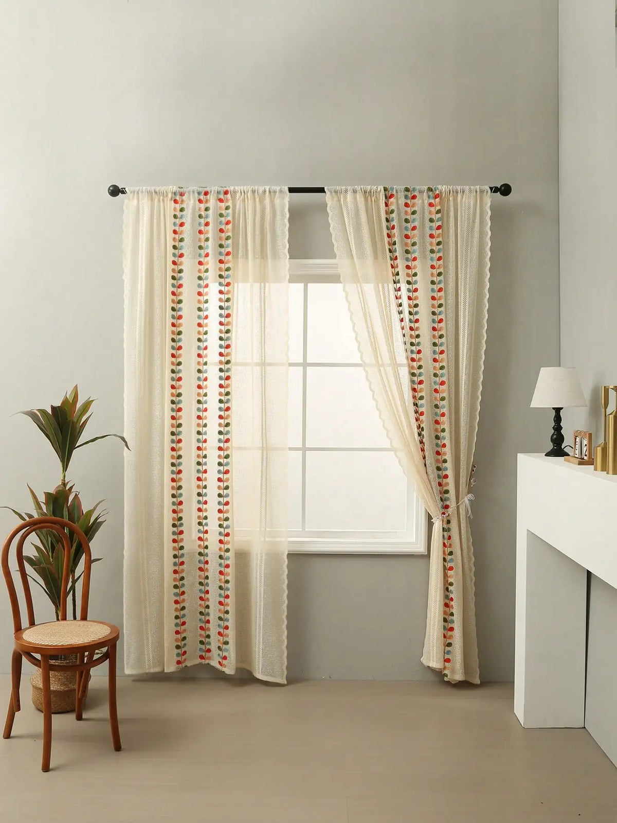 rideau moderne rustique feuilles brodées couleur beige vert orange bleu semi transparent salon maison
