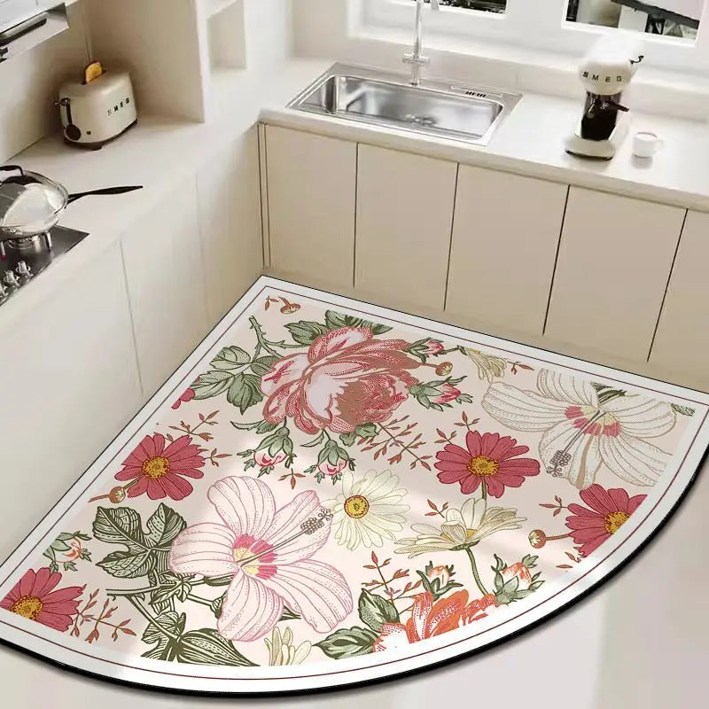 tapis cuisine acrylique antidérapant fleurs motifs floraux vintage beige vert rose blanc