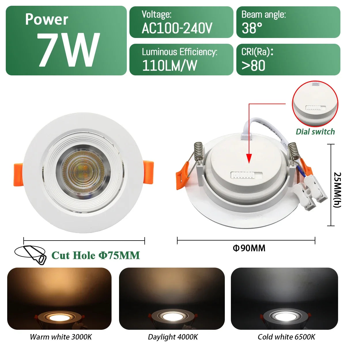 spot led blanc moderne 3000k 4000k 6500k interrupteur cct 75mm 90mm