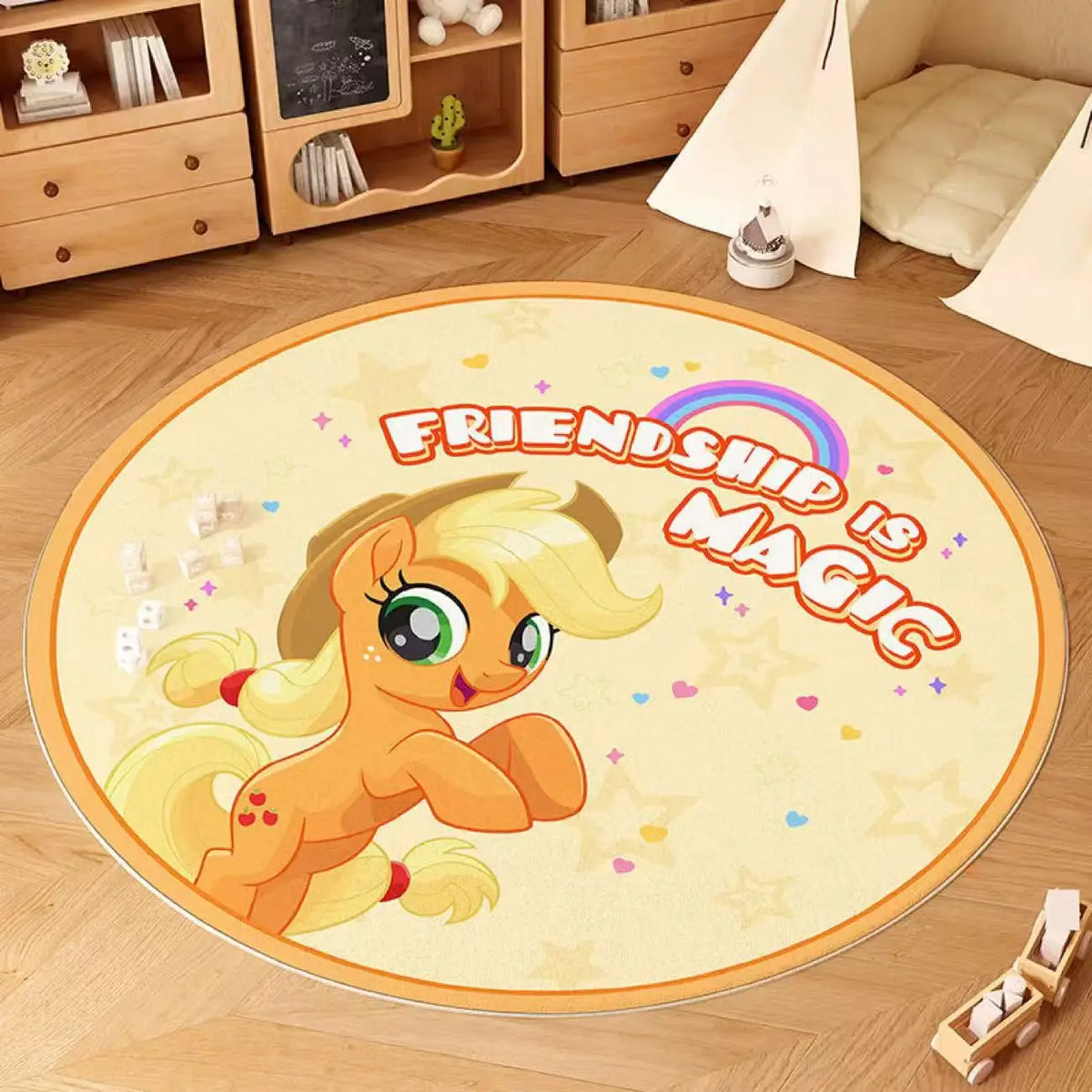 tapis rond flanelle dessin animé poney friendship magic arc ciel coeurs étoiles beige rose