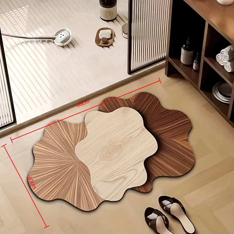 tapis salle bain texture bois naturel rayures concentriques moderne pvc brun foncé opacité