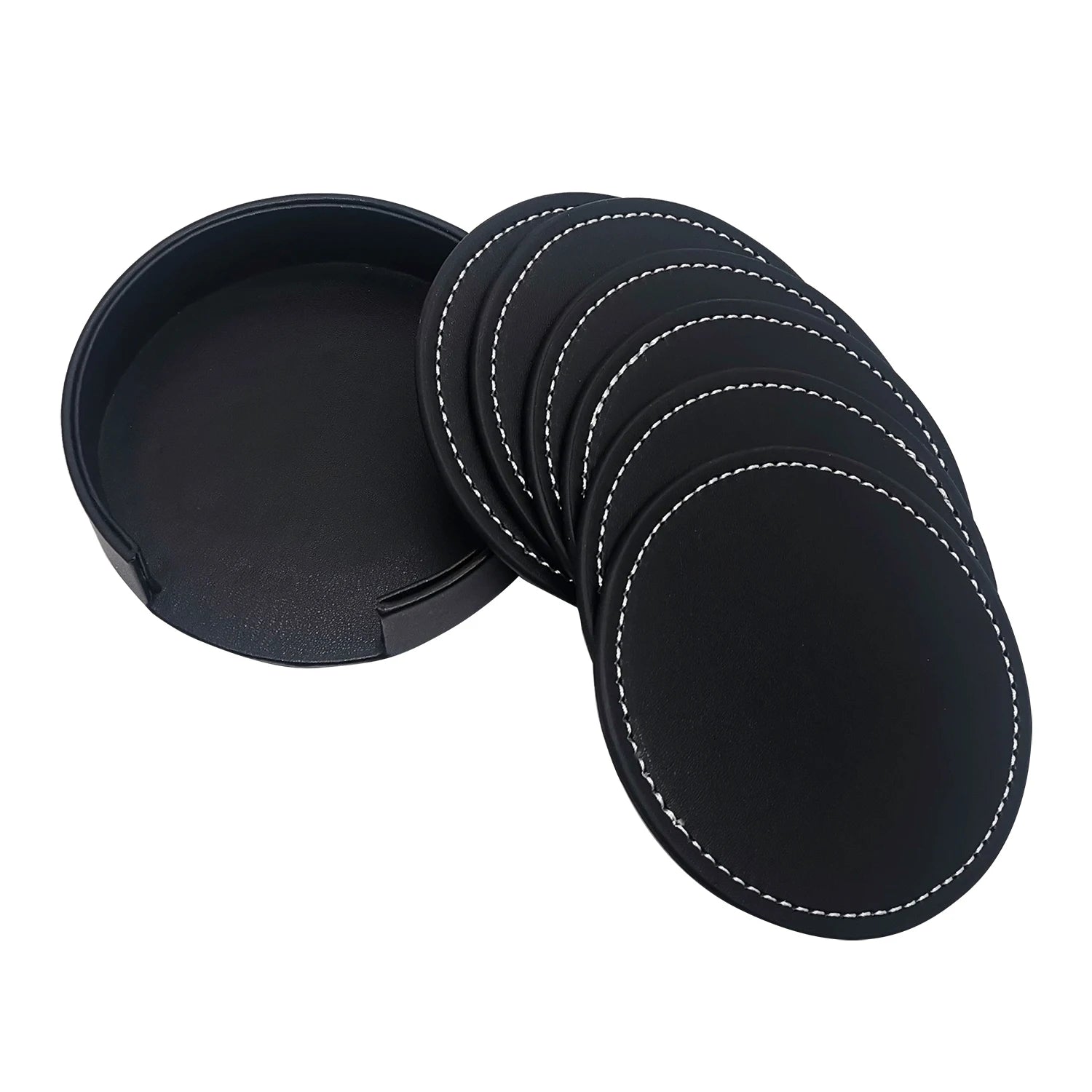 Ensemble de sous-verres ronds en cuir noir avec coutures blanches, dans un plateau de rangement.