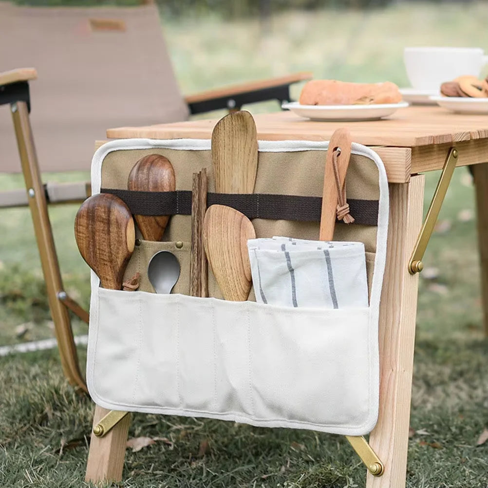 organisateur pliable ustensiles cuisine sac toile respectueux environnement sangles velcro spatules cuillères serviette rayée