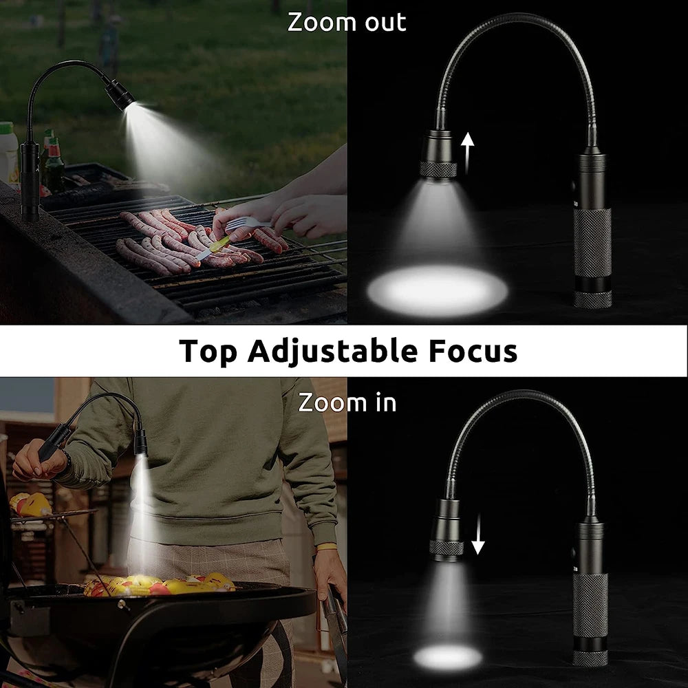 lampe torche flexible led super brillante base magnétique zoomable barbecue lecture travail