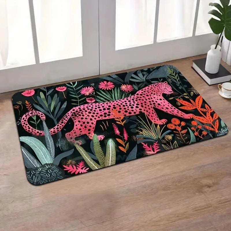 tapis moderne léopard fleurs antidérapant rose noir entrée salle bain porche