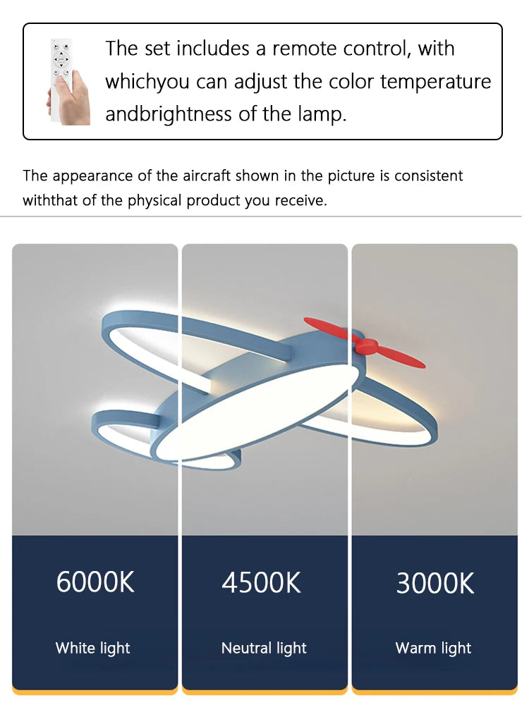 lampe avion enfant bleu blanc rouge détails télécommande moderne éclairage quotidien contemporain