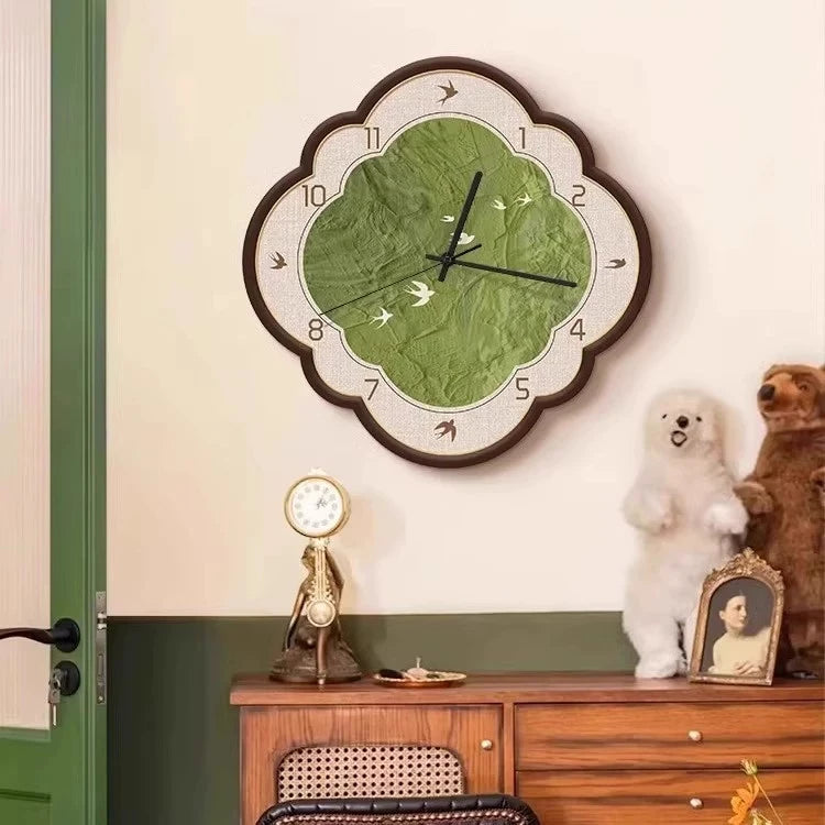 horloge murale moderne motif feuilles vert clair bois bambou salon étude quartz aiguille