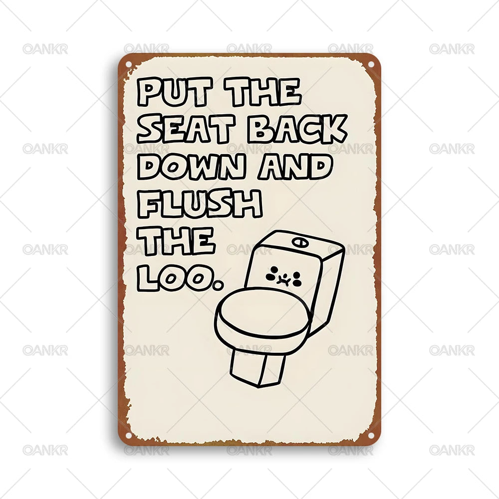 plaque métal humour toilette vintage décoration murale beige gris noir illustration