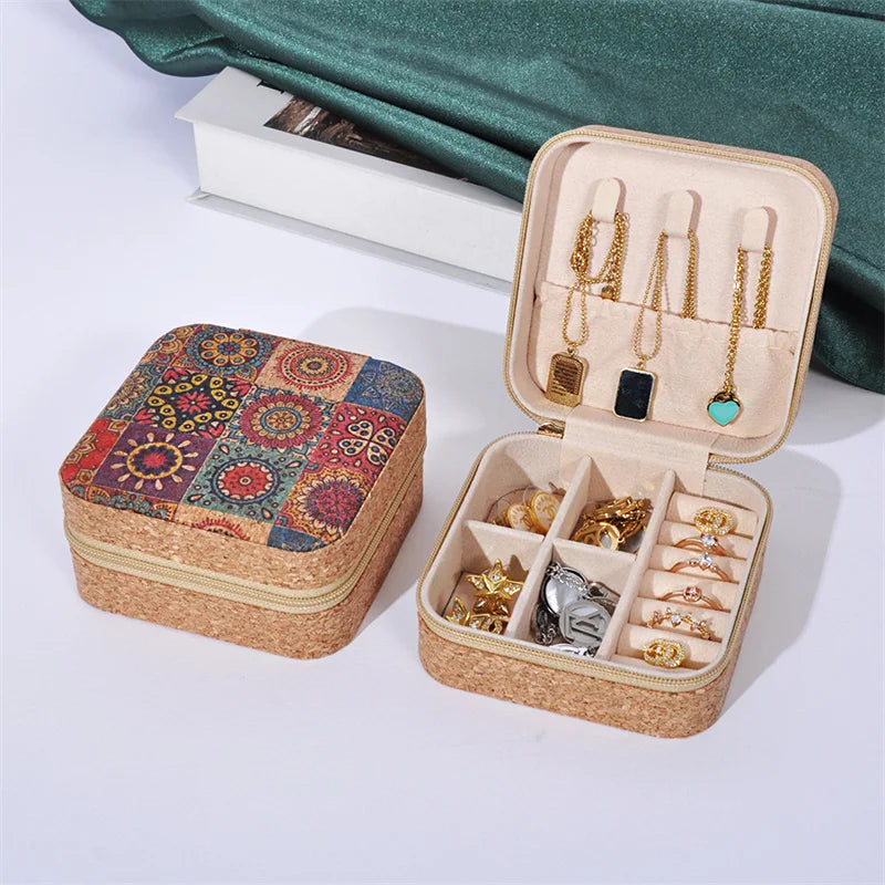 boîtes bijoux vintage zippées boho chic velours imprimé floral beige multifonctionnel porte bijoux travel