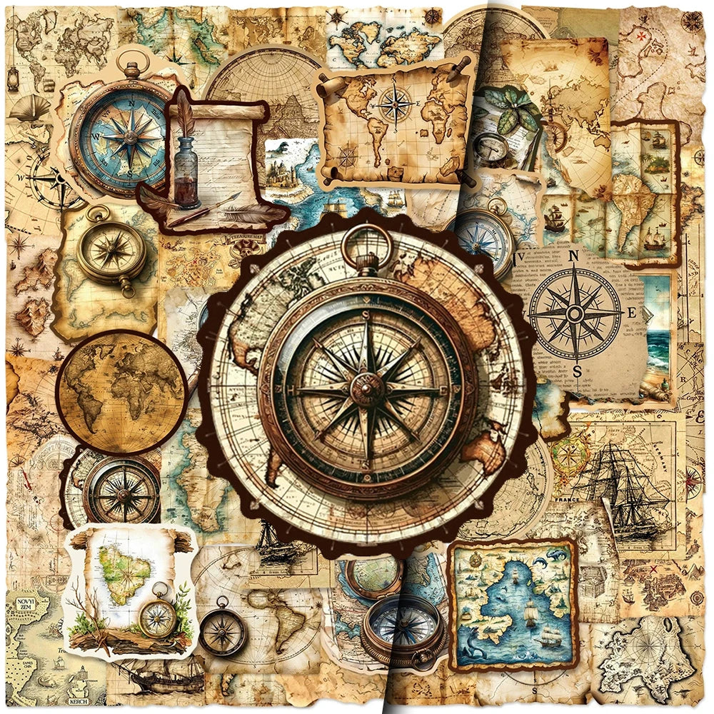 serviettes vintage cartes anciennes boussoles motifs géométriques beige marron bleu noir stickers deco 30pcs