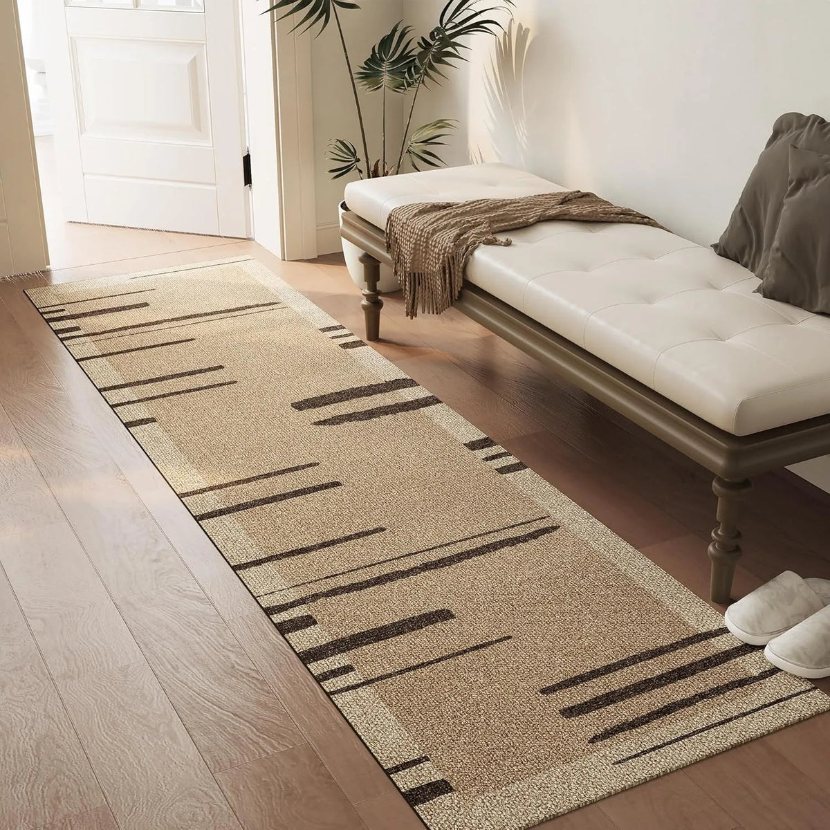 tapis sol antidérapant imperméable résistant saleté polyester PVC moderne minimaliste beige lignes noires