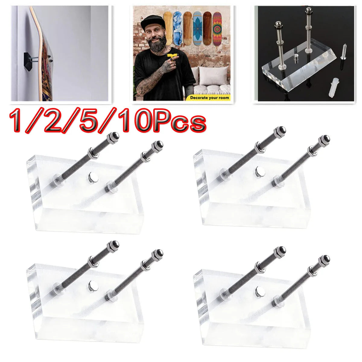 support mural transparent acrylique planche roulettes moderne vis anneau 8cm longueur 4cm largeur 7.5cm