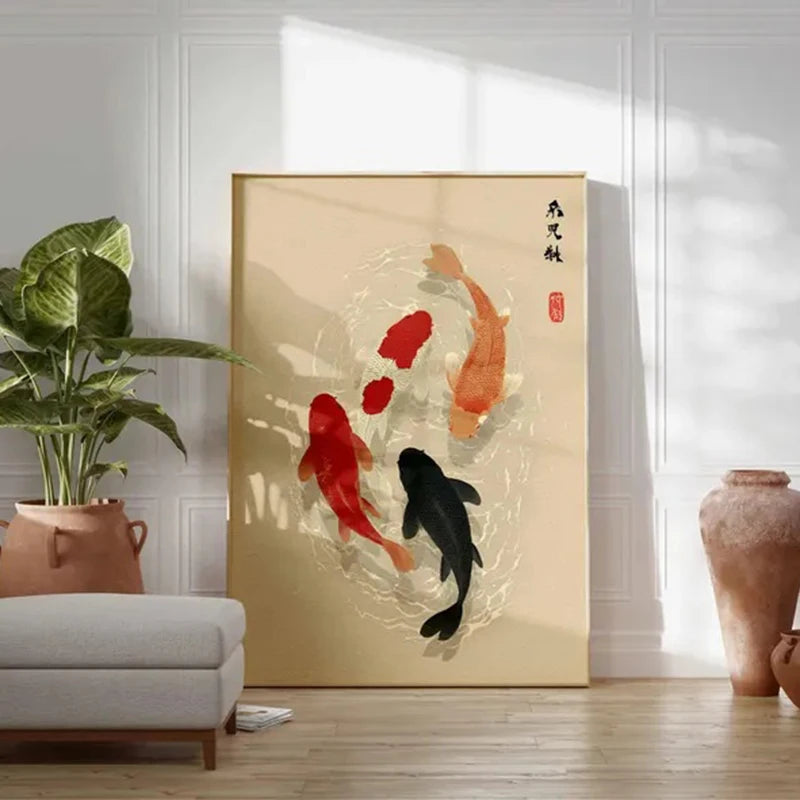 toile d'art moderne poissons stylisés beige rouge minimaliste abstraite 30x45cm 40x60cm 50x75cm